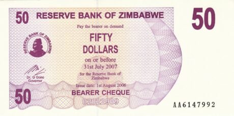 Аверс банкноты Чек на предъявителя номиналом 50 долларов (Зимбабве) 2006 года