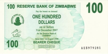 Аверс банкноты Чек на предъявителя номиналом 100 долларов (Зимбабве) 2006 года