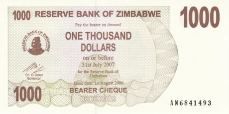 Аверс банкноты Чек на предъявителя на 1000 долларов (Зимбабве) 2006 года