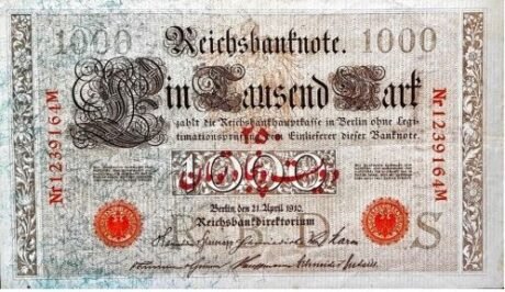 Аверс банкноты 250 mgły nadrukowane na 1000 marek niemieckich (Iran) 1916