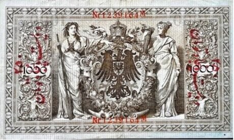 Реверс банкноты 250 mgły nadrukowane na 1000 marek niemieckich (Iran) 1916