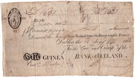 Аверс банкноты 1 гинея, банк Ирландии (Ирландия) 1803 года