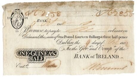 Аверс банкноты 1½ гинея, банк Ирландии (Ирландия) 1802 года