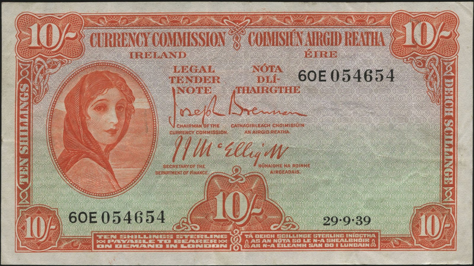 Аверс банкноты 10 шиллингов  (Ирландия) 1938 года