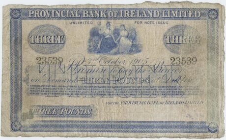Аверс банкноты 3 фунта, провинциального банка Ирландии (Ирландия) 1905 года
