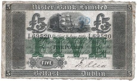 Аверс банкноты 5 фунтов, Ольстер банк (Ирландия) 1907 года