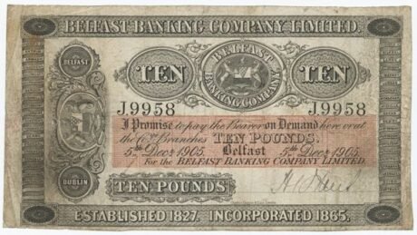 Аверс банкноты 10 фунтов, Белфастской банковской компании (Ирландия) 1903 года