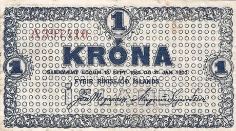 Аверс банкноты 1 Острова Крона Рикишойд. Скиллемонт тип II; одиночные круги в качестве нижнего отпечатка; красный серийный номер в кружках (Исландия) 1924 года