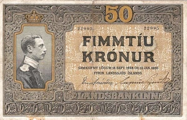 Аверс банкноты 50 крон - Christian X Landssjóður Íslands (Исландия) 1916 года