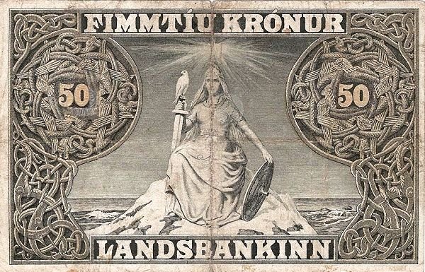 Реверс банкноты 50 крон - Christian X Landssjóður Íslands (Исландия) 1916 года