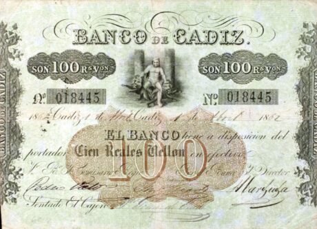 Аверс банкноты 100 reali Vellona Banco de Cadiz (Hiszpania)