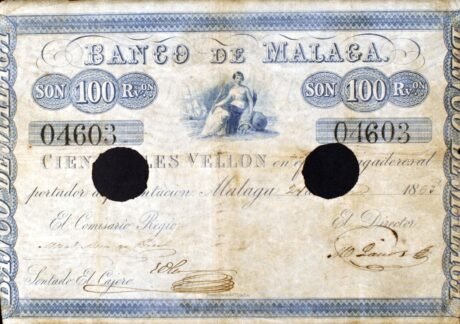 Аверс банкноты 100 реалов Веллона Банко Малаги (Испания) 1860 года