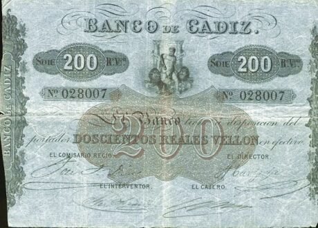 Аверс банкноты 200 reali Vellona Banco de Cadiz (Hiszpania)