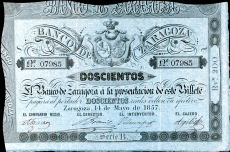 Аверс банкноты 200 reali Vellona Banco de Zaragoza (Hiszpania) 1857
