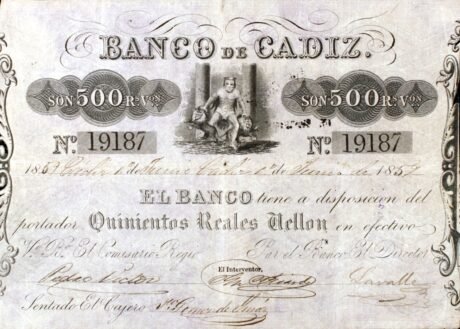 Аверс банкноты 500 reali Vellona Banco de Cadiz (Hiszpania)