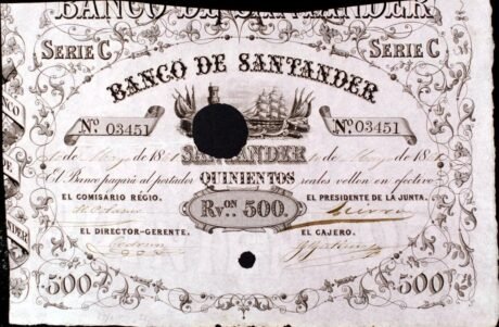 Аверс банкноты 500 reali Vellona Banco de Santander (Hiszpania) 1857