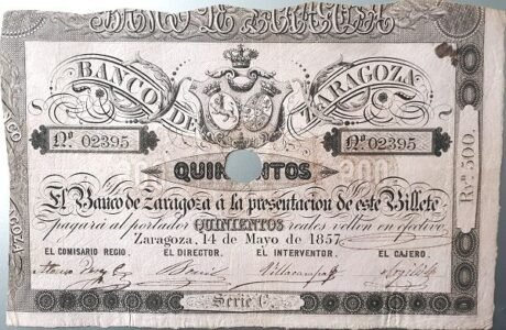 Аверс банкноты 500 reali Vellona Banco de Zaragoza (Hiszpania) 1857