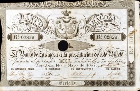Аверс банкноты 1000 reali Vellon Banco Zaragoza (Hiszpania) 1857