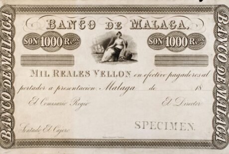 Аверс банкноты 1000 реалов Веллона Банко де Малага (Испания) 1860 года