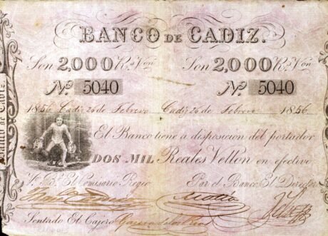 Аверс банкноты 2000 Reales de Vellón Banco de Cádiz (Hiszpania)