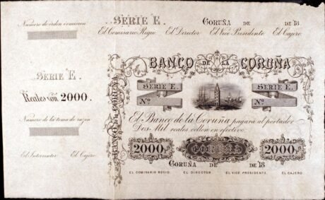 Аверс банкноты 2000 Reales de Vellon Banco de La Coruña (Hiszpania) 1857