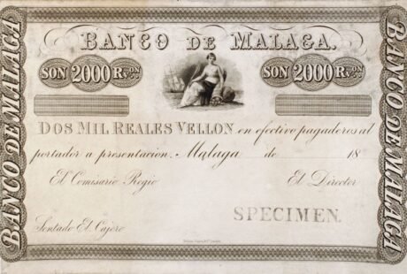 Аверс банкноты 2000 Реалес де Веллон Банко де Малага (Испания) 1860 года