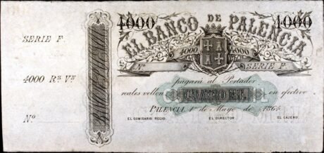 Аверс банкноты 4000 реалов Веллона Банко де Паленсия (Испания) 1864 года
