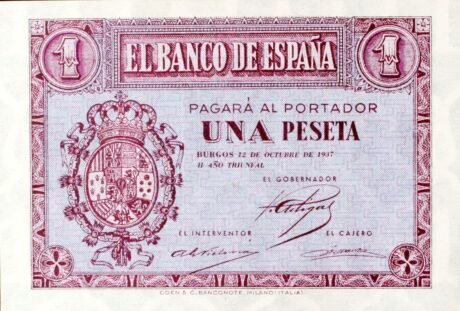 Аверс банкноты 1 песета (Испания) 1937 года