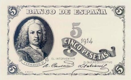 Аверс банкноты 5 peset (Hiszpania) 1914