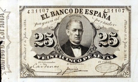 Аверс банкноты 25 песет (Испания) 1884 года