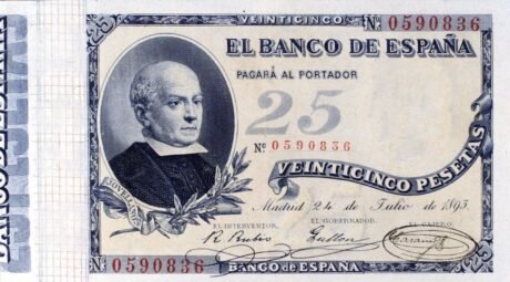 Аверс банкноты 25 песет (Испания) 1893 года
