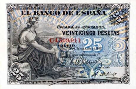 Аверс банкноты 25 песет (Испания) 1906 года