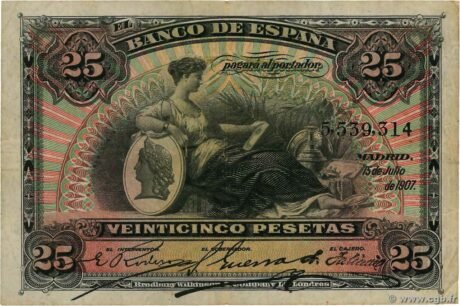 Аверс банкноты 25 песет (Испания) 1907 года