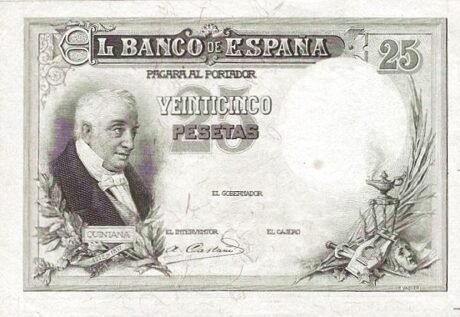 Аверс банкноты 25 песет (Испания) 1908 года
