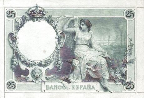 Реверс банкноты 25 песет (Испания) 1908 года