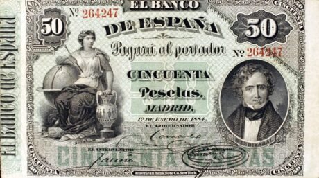 Аверс банкноты 50 песет (Испания) 1884 года