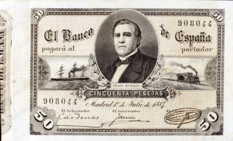 Аверс банкноты 50 песет (Испания) 1884 года