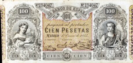 Аверс банкноты 100 песет (Испания) 1875 года