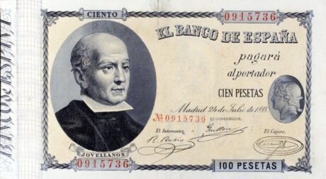 Аверс банкноты 100 песет (Испания) 1893 года
