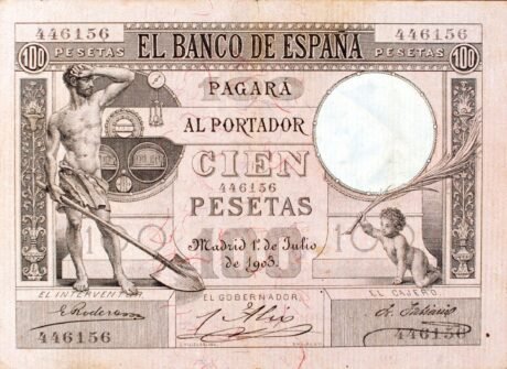Аверс банкноты 100 песет (Испания) 1903 года