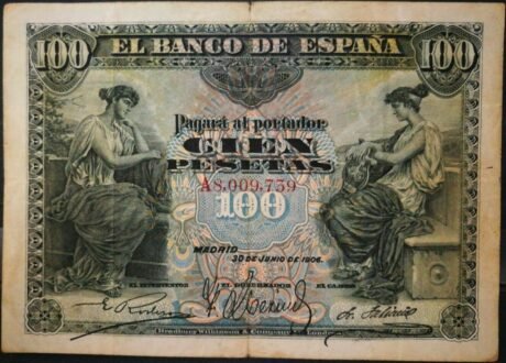 Аверс банкноты 100 песет (Испания) 1906 года