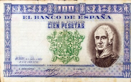 Аверс банкноты 100 peset (Hiszpania) 1937