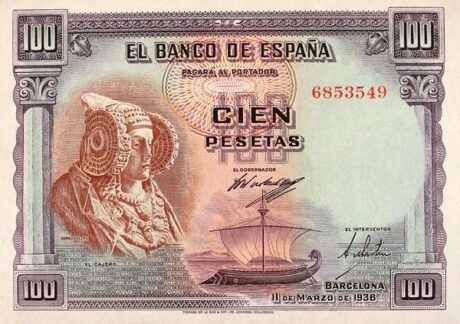 Аверс банкноты 100 песет (Испания) 1938 года