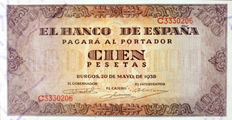 Аверс банкноты 100 песет (Испания) 1938 года