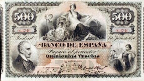 Аверс банкноты 500 песет (Испания) 1876 года