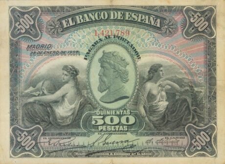 Аверс банкноты 500 песет (Испания) 1907 года