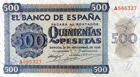 Аверс банкноты 500 песет (Испания) 1936 года