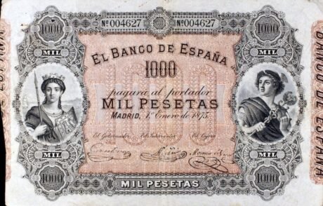 Аверс банкноты 1000 песет (Испания) 1875 года