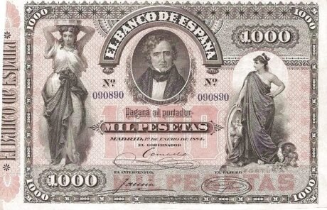 Аверс банкноты 1000 песет (Испания) 1884 года