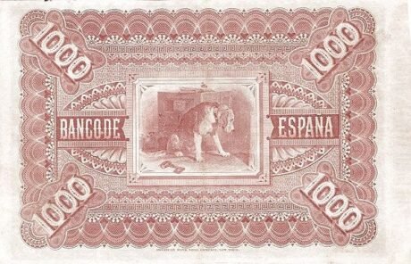 Реверс банкноты 1000 песет (Испания) 1884 года